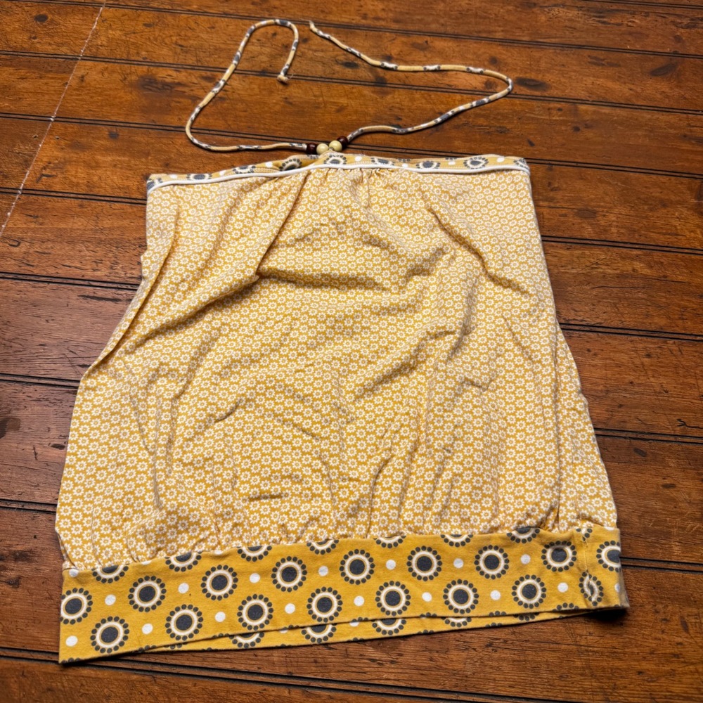 Fang Womens Mustard Yellow Floral Halter‎ Top Boho Beaded Neck Large Y2K